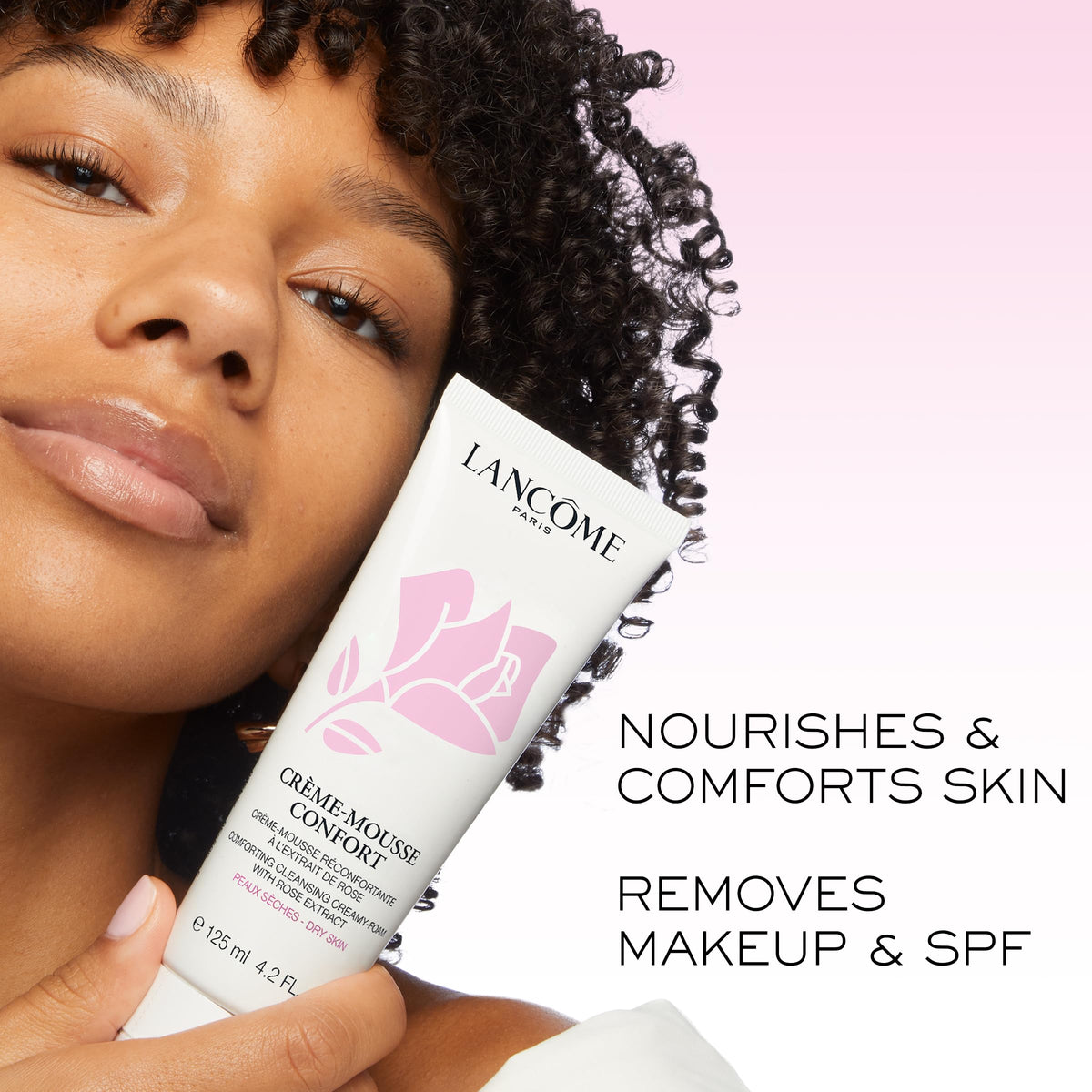 Lancôme product in use removing waterproof makeup to show effective cleansing benefit