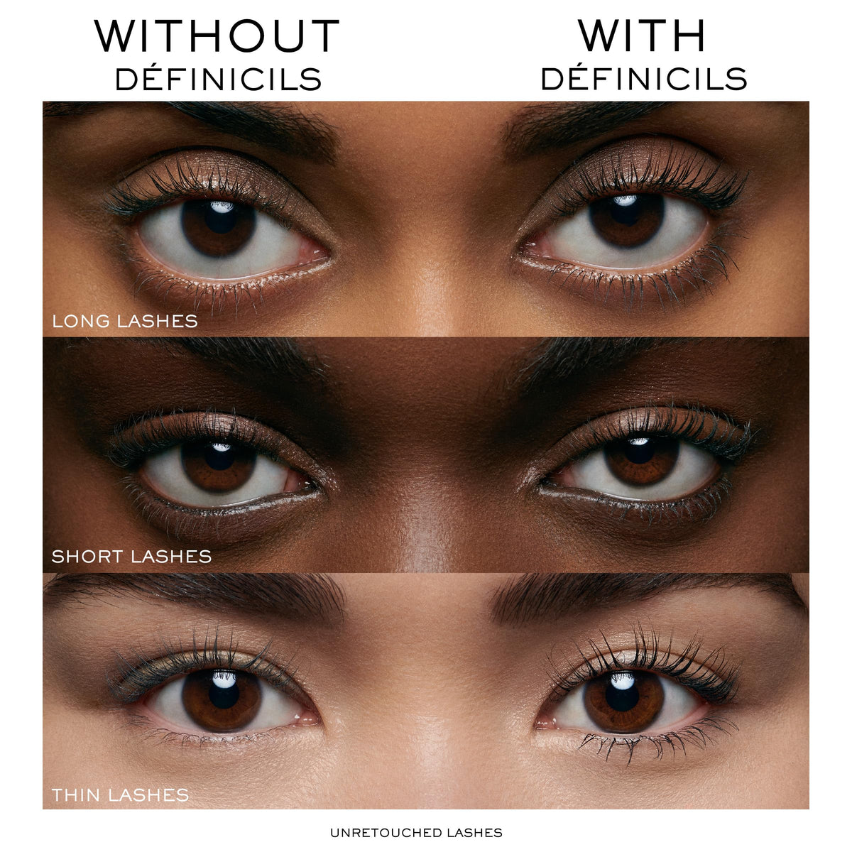 Side-by-side Lancôme Définicils before and after lashes showing visible lengthening and natural definition