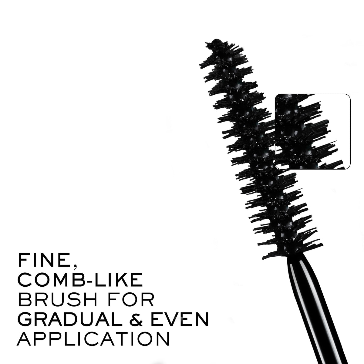 Open Lancôme Définicils wand next to tube illustrating easy application and controlled product release