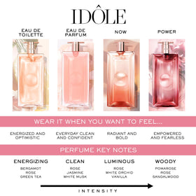 Lancôme idôle fragrance on skin swatch showing soft, long-lasting glow