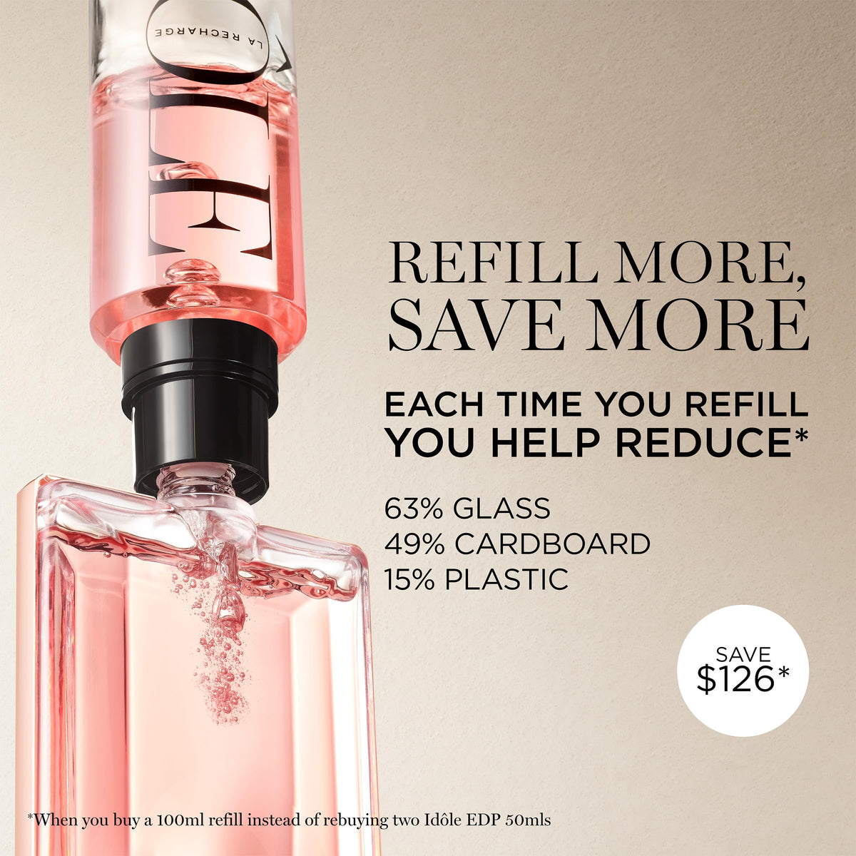 Lancôme idôle bottle lying flat on vanity conveying modern elegance