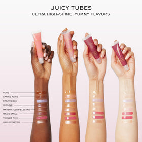 Lancôme Juicy Tubes on lips in lifestyle shot showcasing juicy, luminous effect
