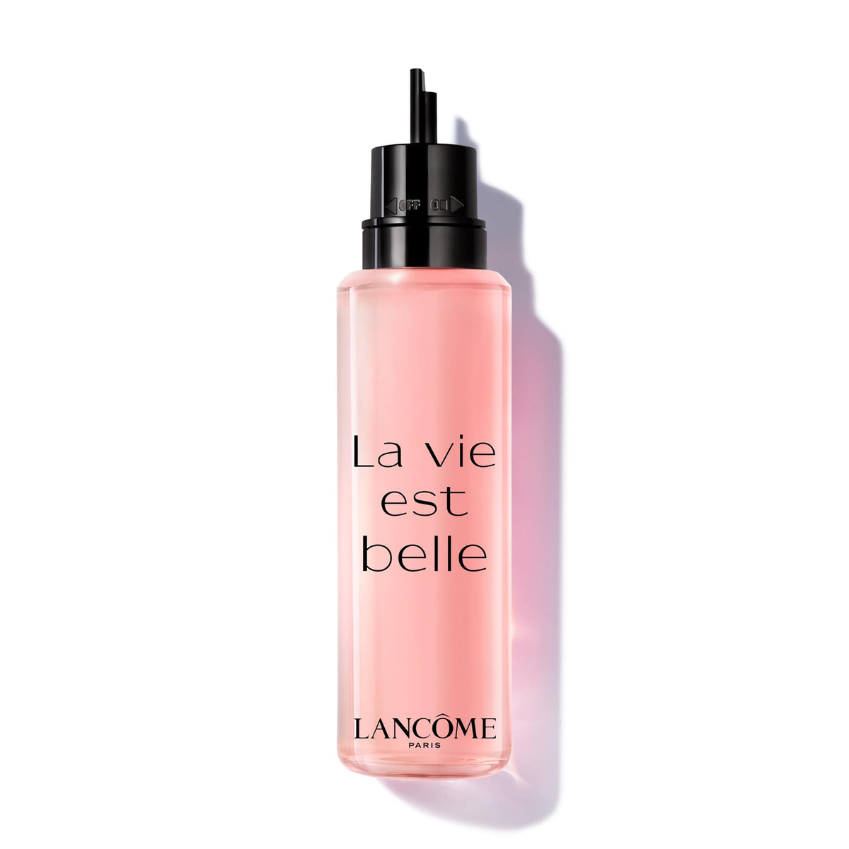 Lancôme front bottle view showing refillable design and elegant silhouette benefit: prestige display