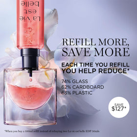 Lancôme bottle being refilled demonstrating easy refill step benefit: sustainable reuse