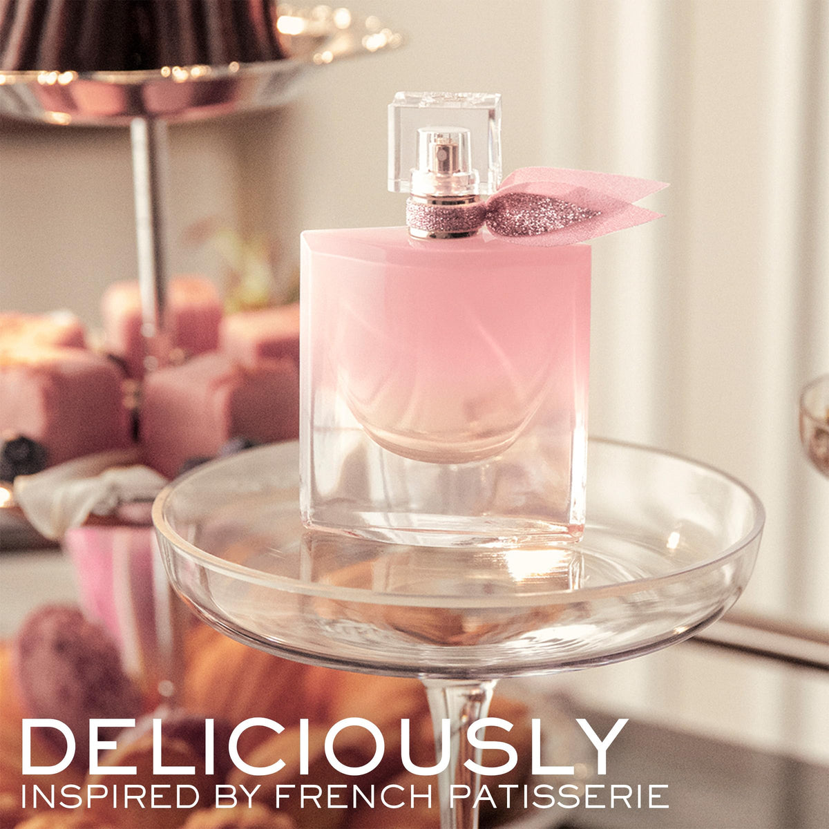 Lancôme closeup of label and glass texture showing premium finish benefit