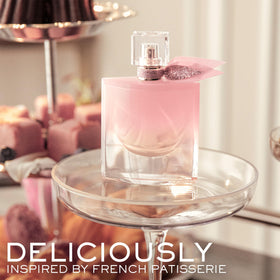 Lancôme closeup of label and glass texture showing premium finish benefit