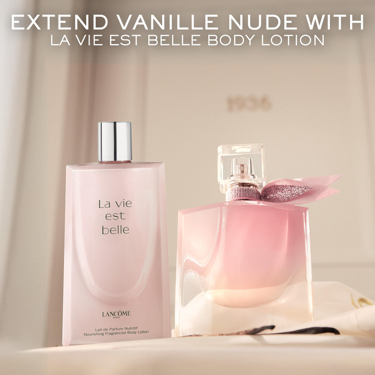 Lancôme perfume pour and color demonstrating rich vanilla-gourmand tone benefit