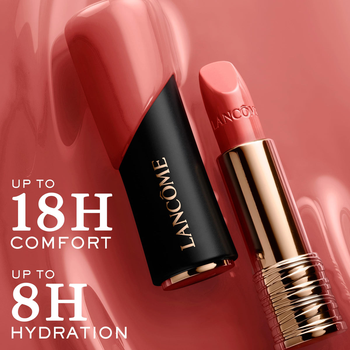 Lancôme L'Absolu Rouge applied on lips demonstrating smudge-resistant color