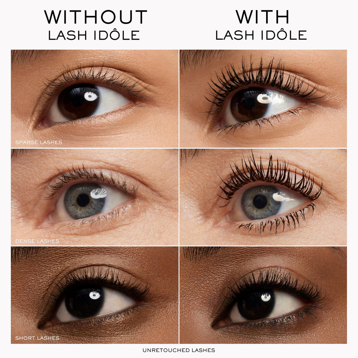 Lancôme before and after lashes, demonstrates visible lift length and fanned volume