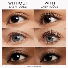Lancôme before and after lashes, demonstrates visible lift length and fanned volume