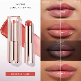 Lancôme close-up swatch of Lip Idôle showing buildable nude color payoff