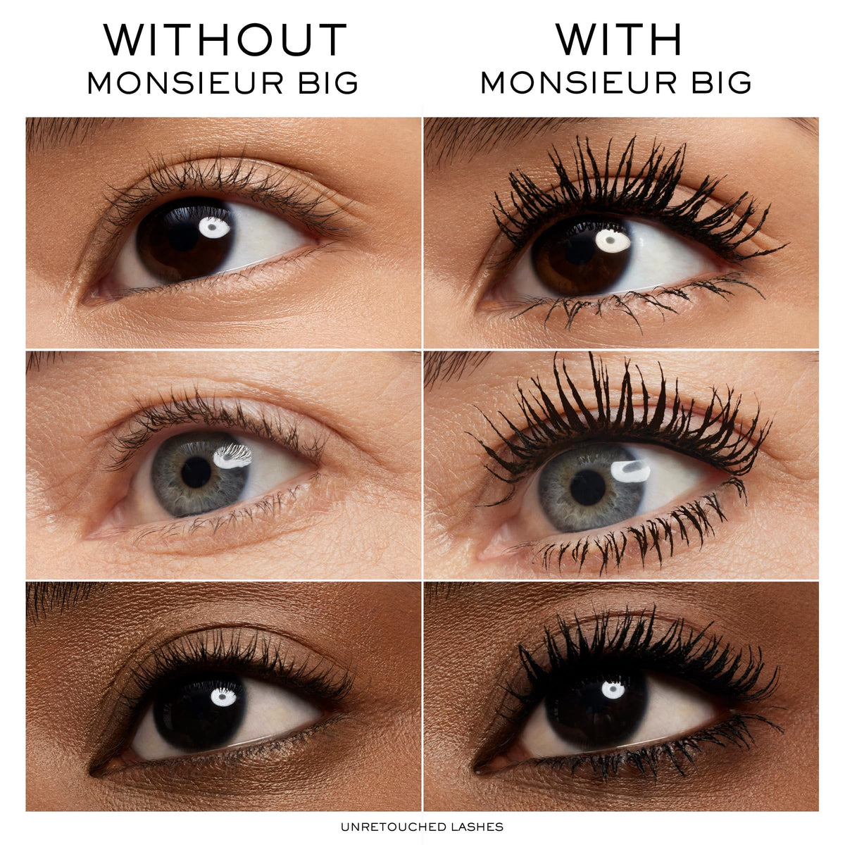 Lancôme Monsieur Big lashes before and after showing fuller lashes after one coat