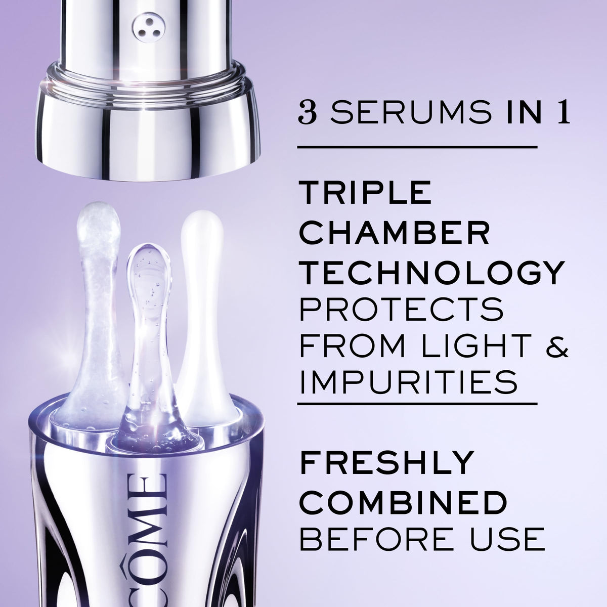 Flat lay of Lancôme ingredients labeled hyaluronic acid vitamin C niacinamide ferulic acid