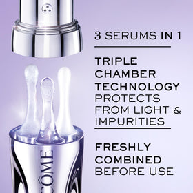 Flat lay of Lancôme ingredients labeled hyaluronic acid vitamin C niacinamide ferulic acid