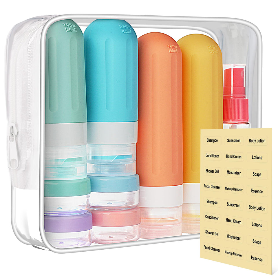 Landisun front packaging showing 18 colorful travel bottles for easy packing