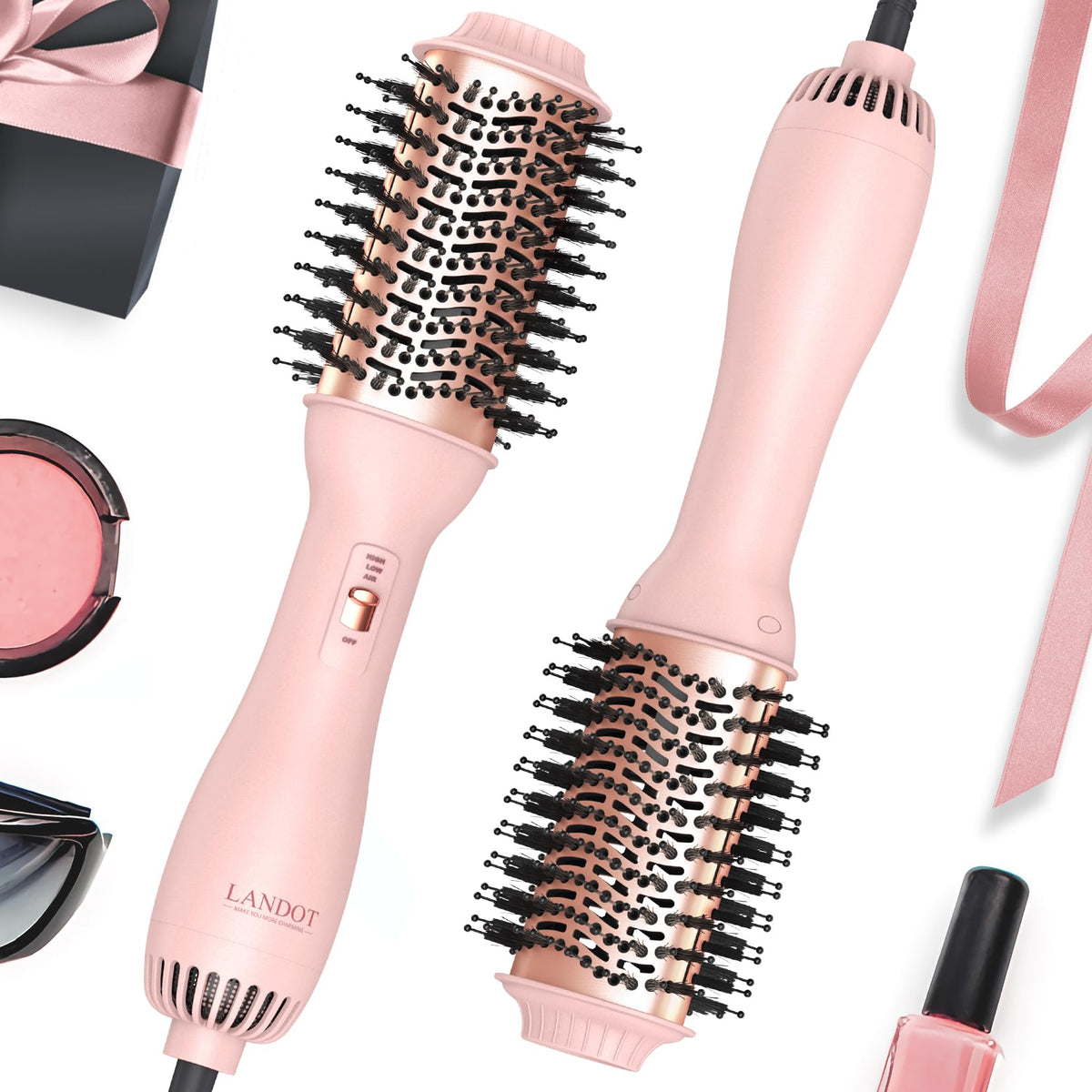 LANDOT front view of rose gold brush showing controls and styling shape