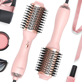 LANDOT front view of rose gold brush showing controls and styling shape