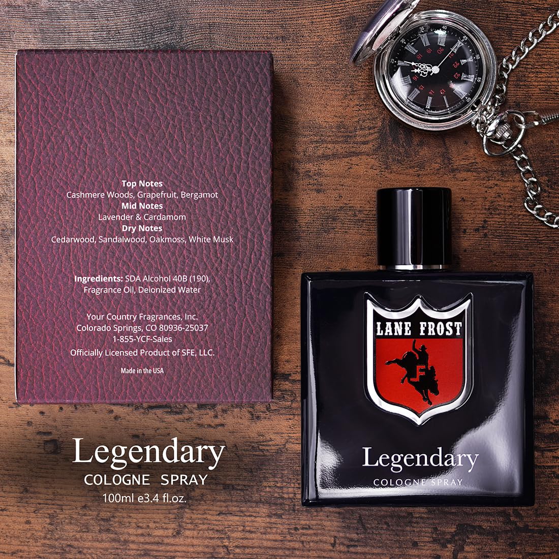 Lane Frost Legendary Cologne in hand scale shot showing 3.4 fl oz portable size benefit