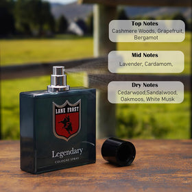 Lane Frost Legendary Cologne label close-up showing ingredients and western branding benefit