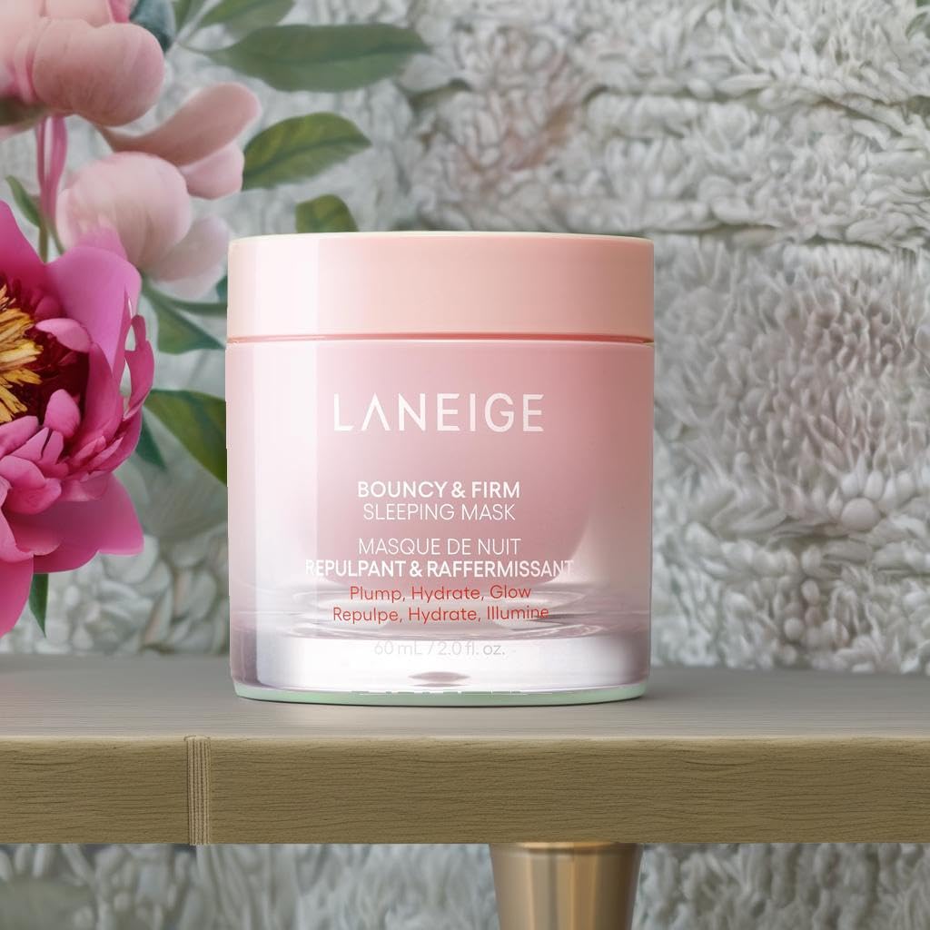 LANEIGE jar beside bedside lamp showing overnight use for plumper morning skin