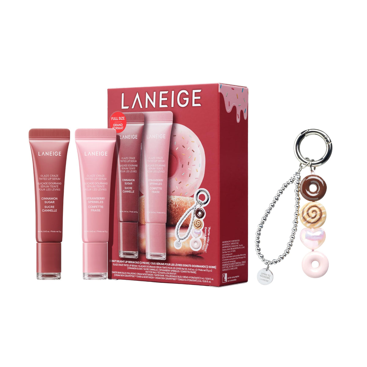 LANEIGE donut delight set flatlay showing both serums and keychain for gifting