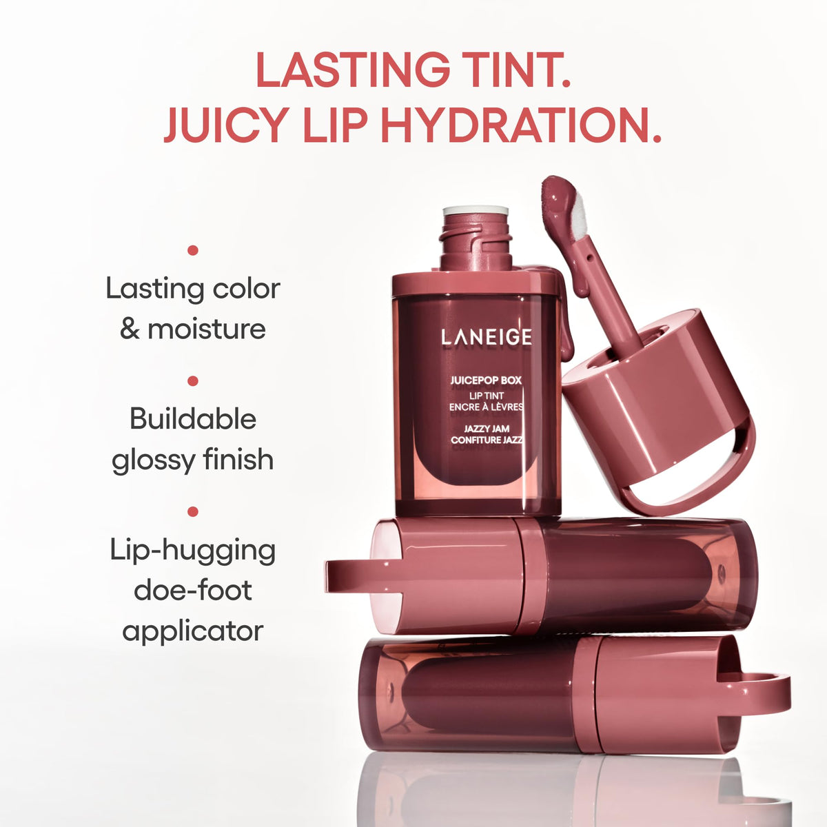 LANEIGE texture swipe of Electro Berry showing glossy buildable color benefit