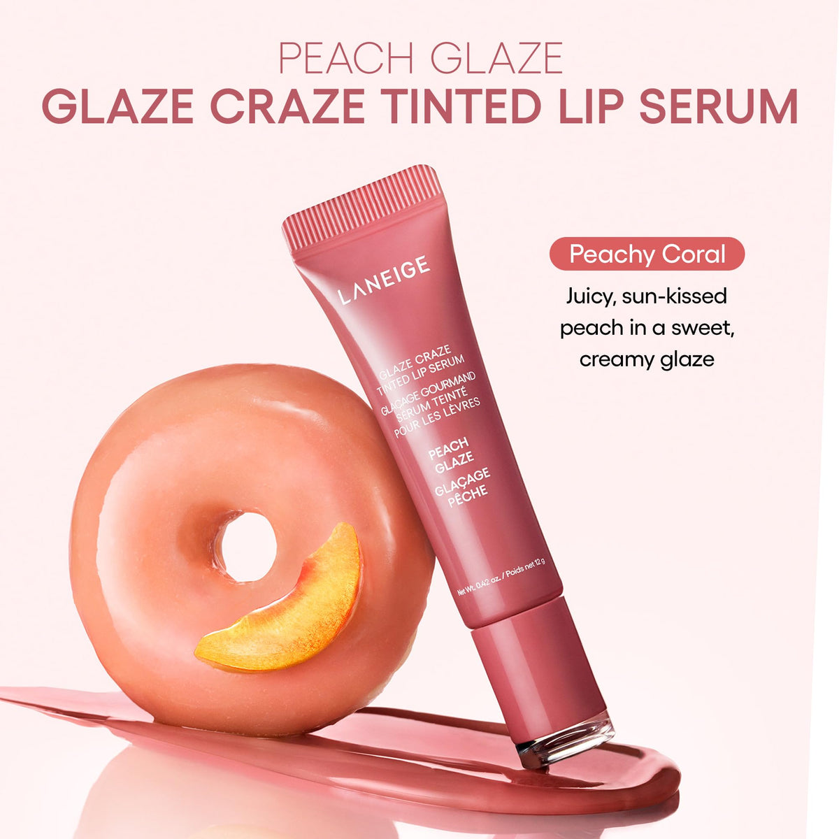 LANEIGE model lips close-up wearing Peach Glaze for hydrated glossy appearance