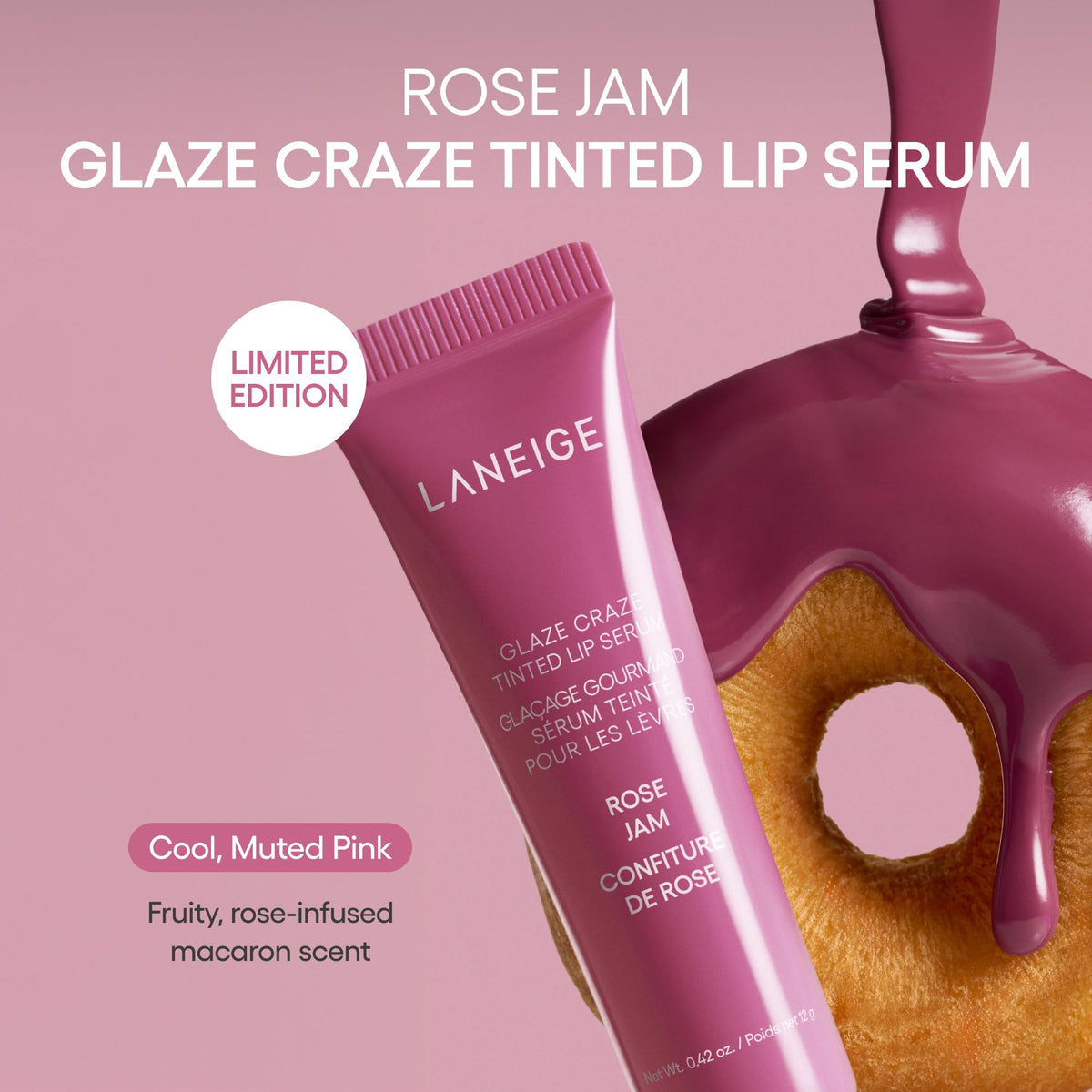 LANEIGE product on model wearing Rose Jam to show natural flushed pigment