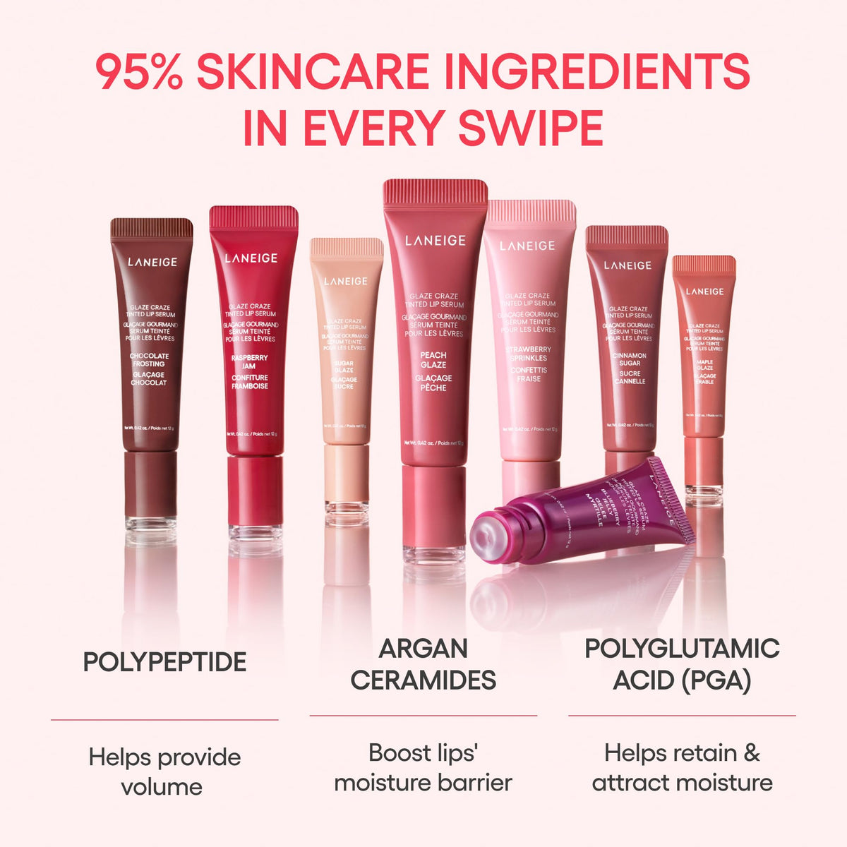 LANEIGE arm swatches demonstrating buildable color and glossy moisture