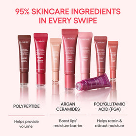 LANEIGE arm swatches demonstrating buildable color and glossy moisture
