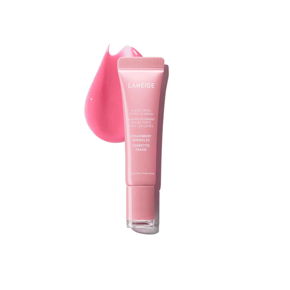 LANEIGE Glaze Craze front packaging showing strawberry sprinkles shade and glossy finish benefit