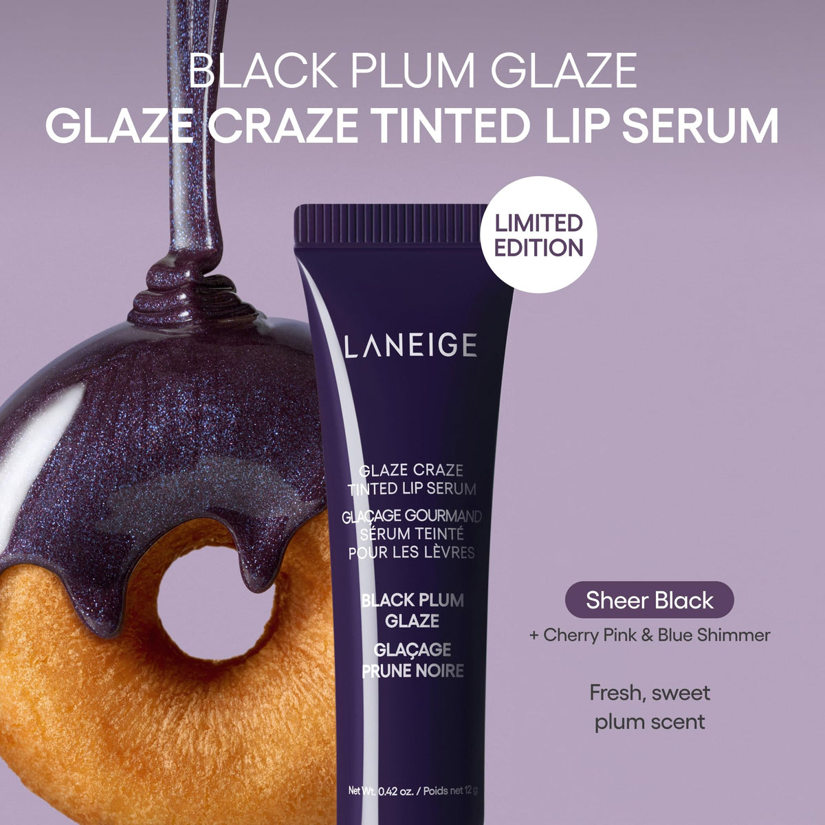 LANEIGE close-up of reflective shimmer in Black Plum Glaze emphasizing multidimensional shine