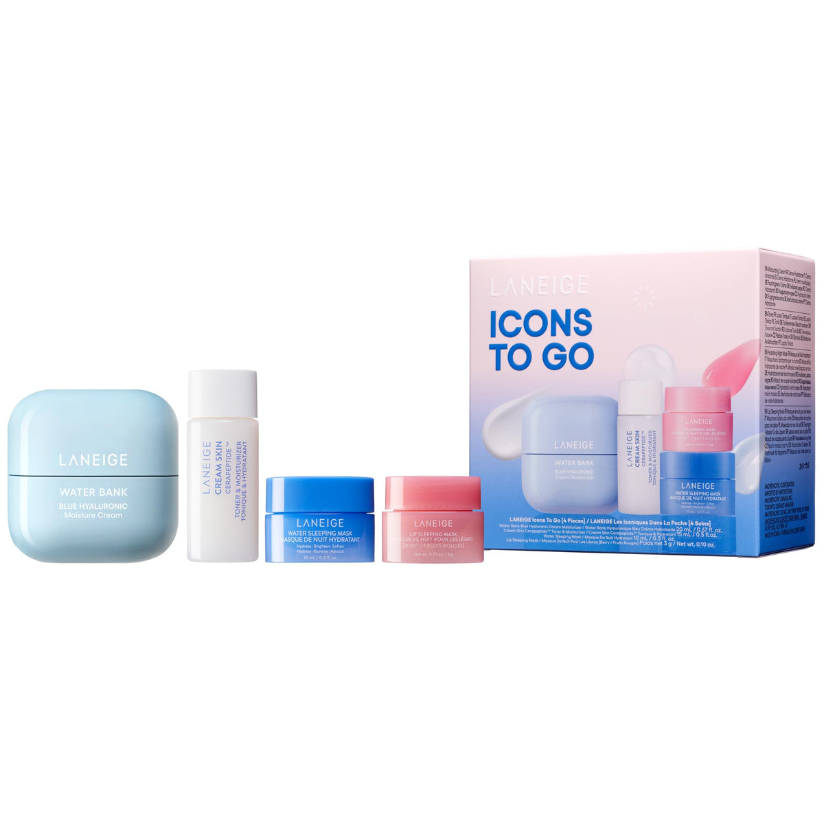 LANEIGE icons to go set front packaging showing four travel essentials and convenience