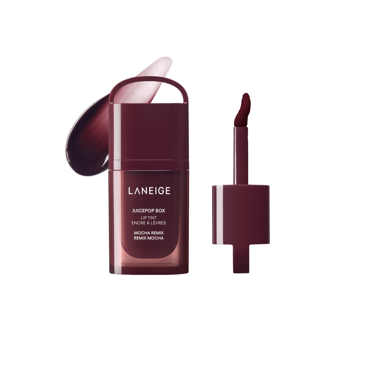 LANEIGE front packaging showing Mocha Remix and glossy finish benefit