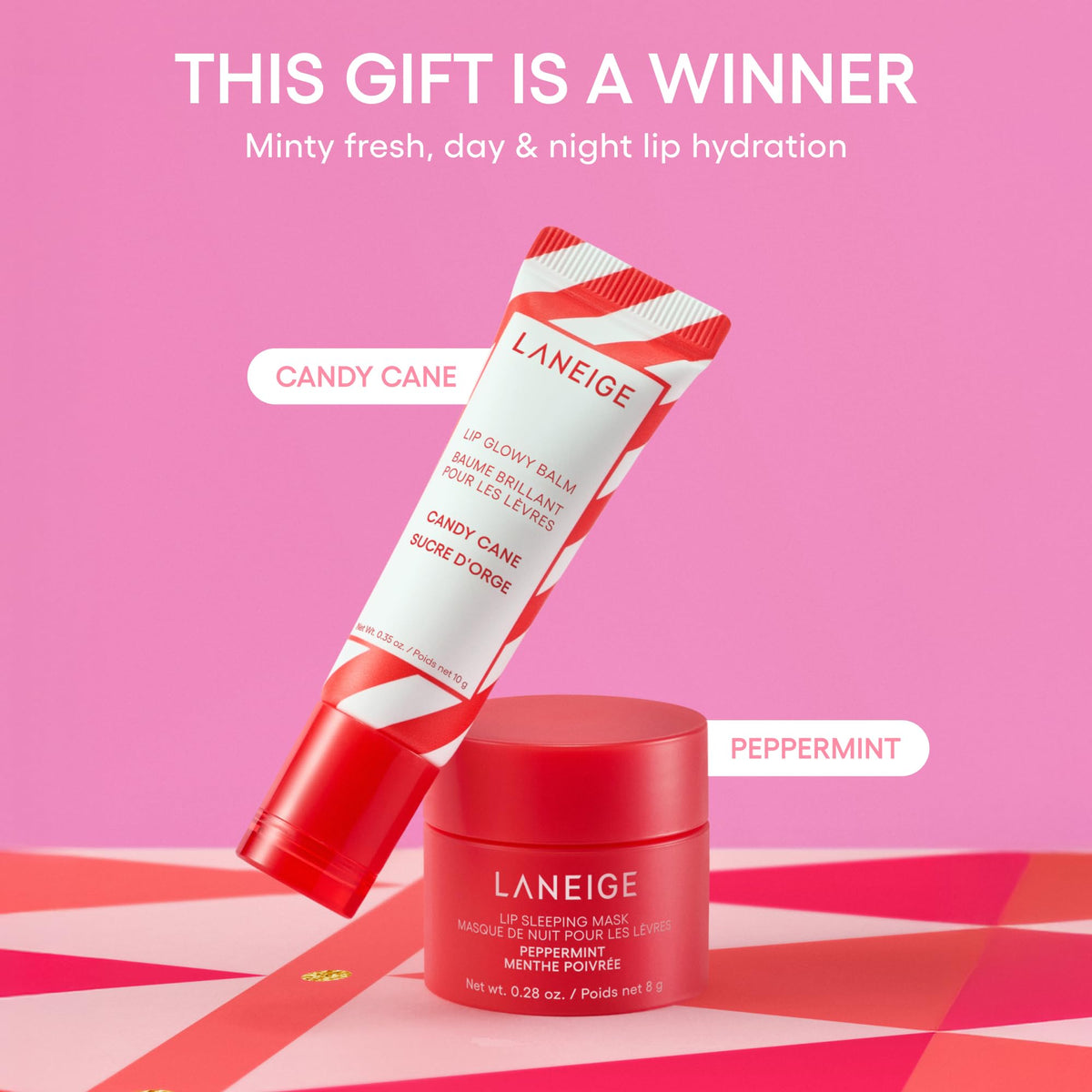 LANEIGE Lip Glowy Balm Candy Cane twist-open showing applicator and easy on-the-go use benefit