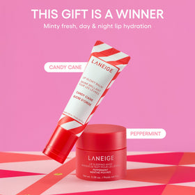 LANEIGE Lip Glowy Balm Candy Cane twist-open showing applicator and easy on-the-go use benefit
