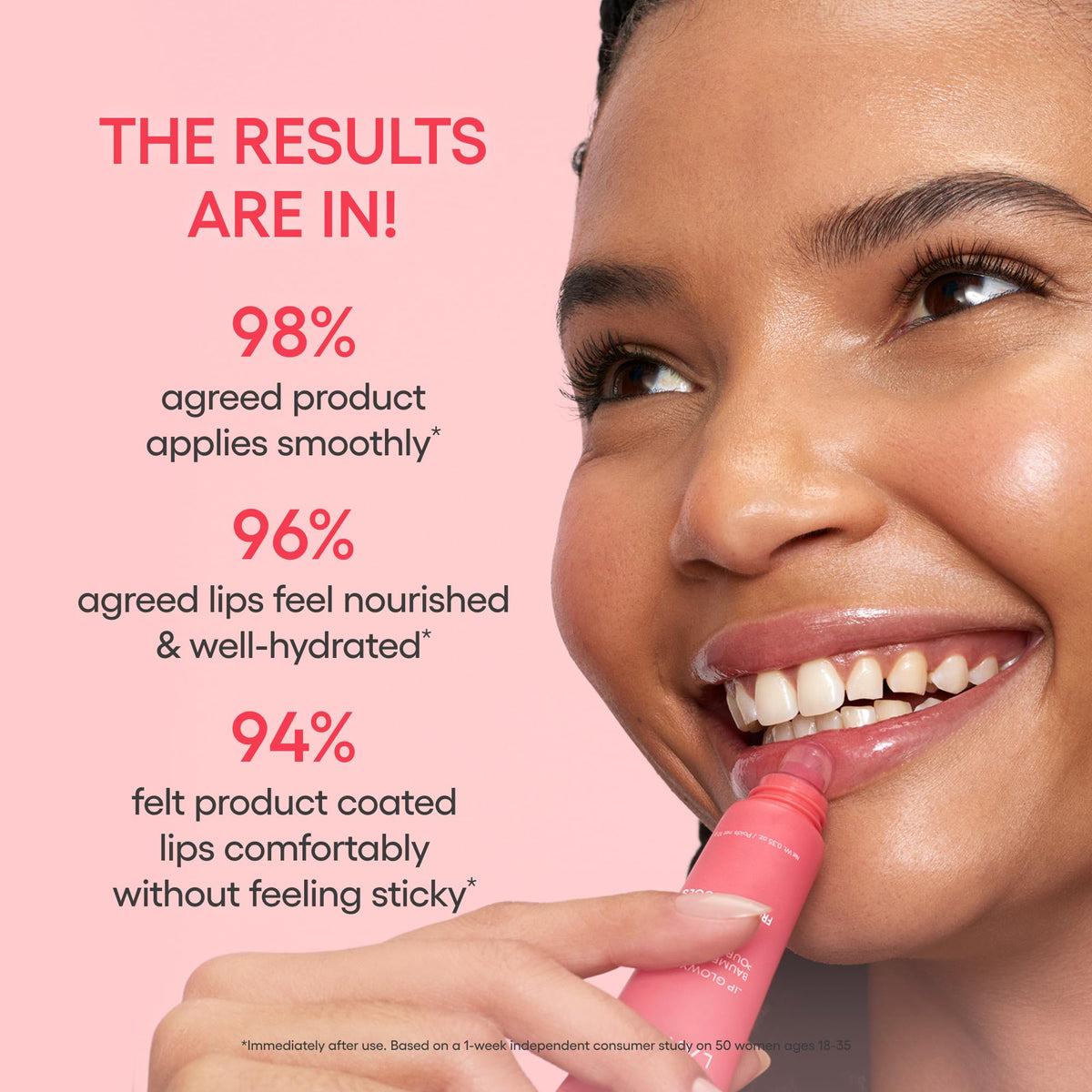 LANEIGE Lip Glowy Balm open cap showing applicator tip and precise application benefit