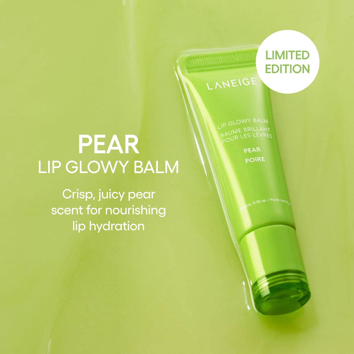 LANEIGE Lip Glowy Balm tube angled view illustrating compact travel-ready design