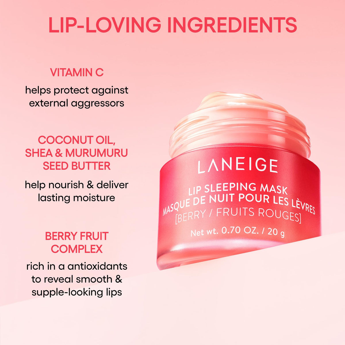 LANEIGE lip sleeping mask ingredients label highlighting Berry Complex