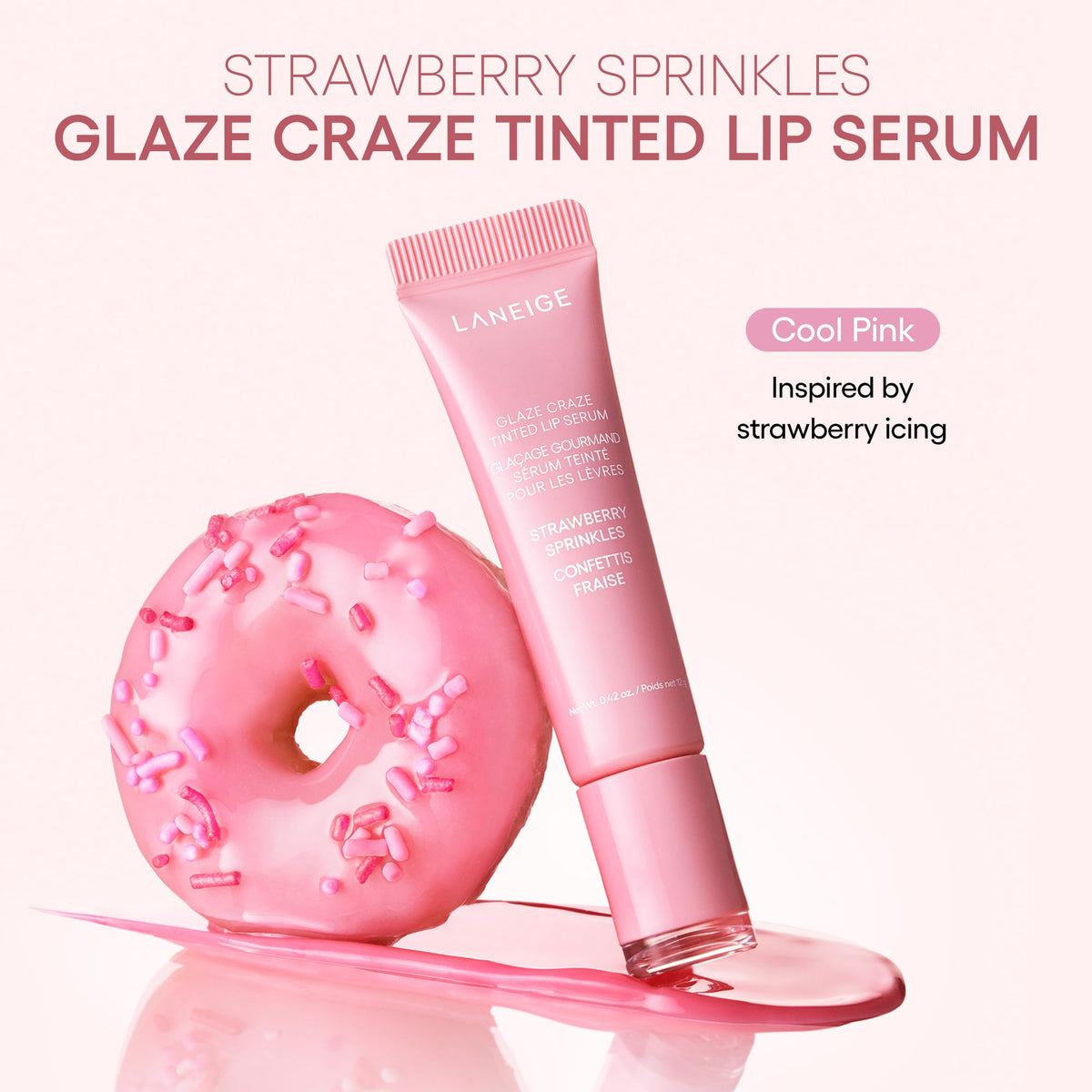 LANEIGE Strawberry Sprinkles on lips showing bright, cool pink shine and plump look