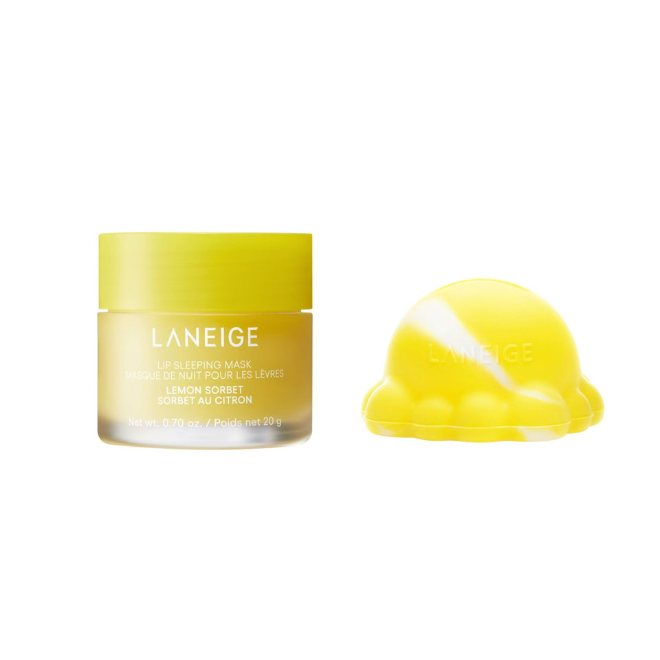 LANEIGE front jars showing Lemon Sorbet scent and compact travel-friendly benefit