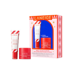 LANEIGE front packaging of minty lip duo showing both products and holiday design benefit: festive presentation