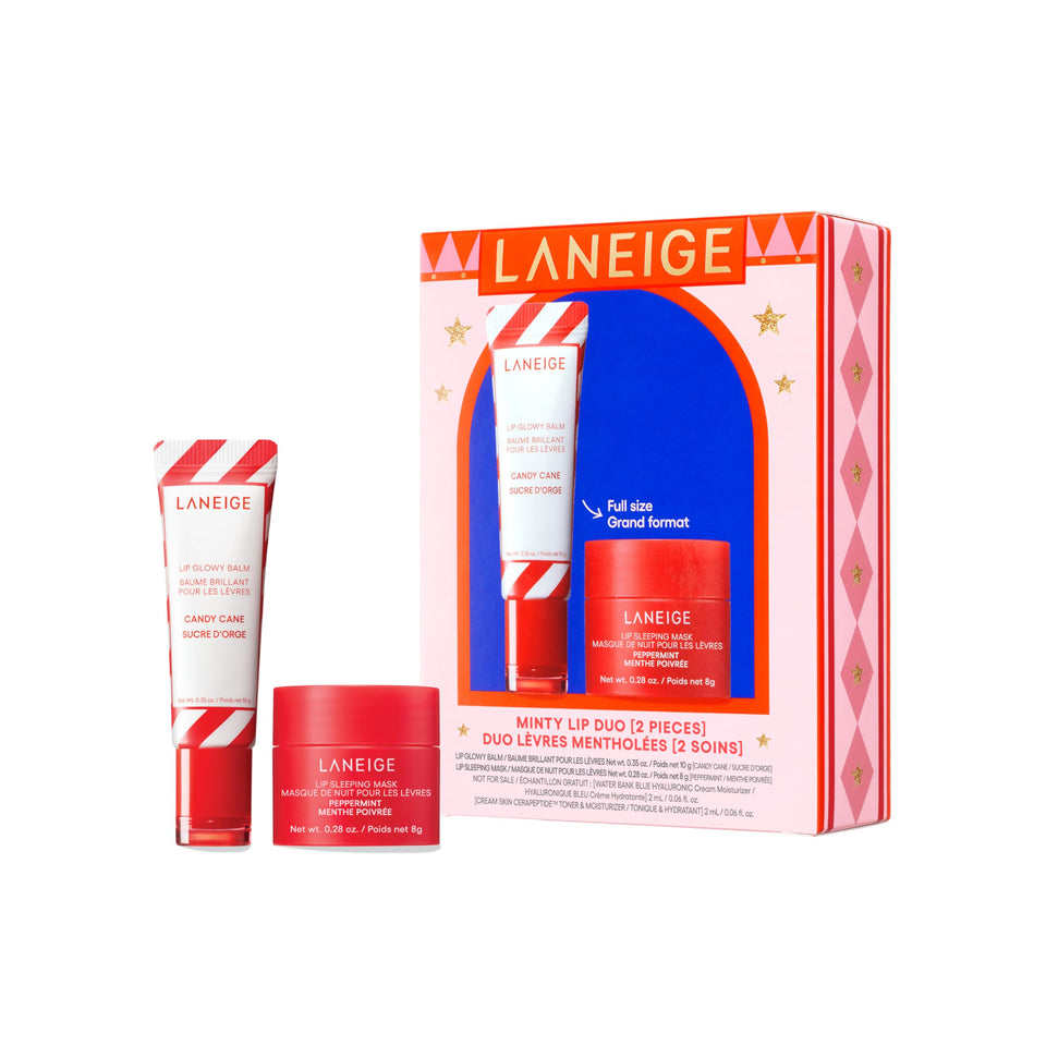 LANEIGE front packaging of minty lip duo showing both products and holiday design benefit: festive presentation