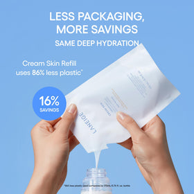 LANEIGE refill bottle paired with refill pouch highlighting eco friendly design