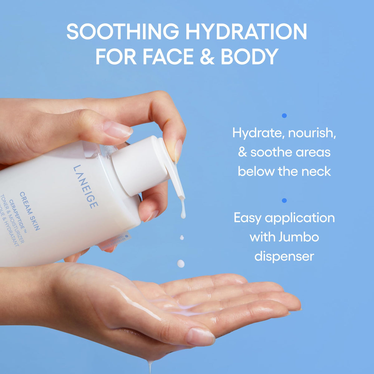 LANEIGE refillable bottle detail highlighting pump and sustainable design benefit