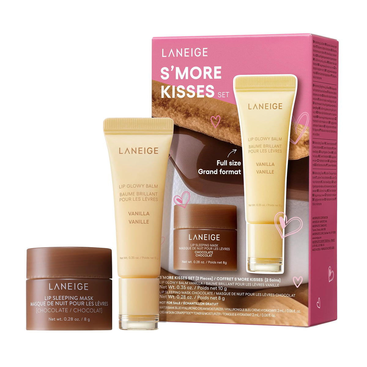 LANEIGE front packaging of S’more Kisses Set showing both products and benefits