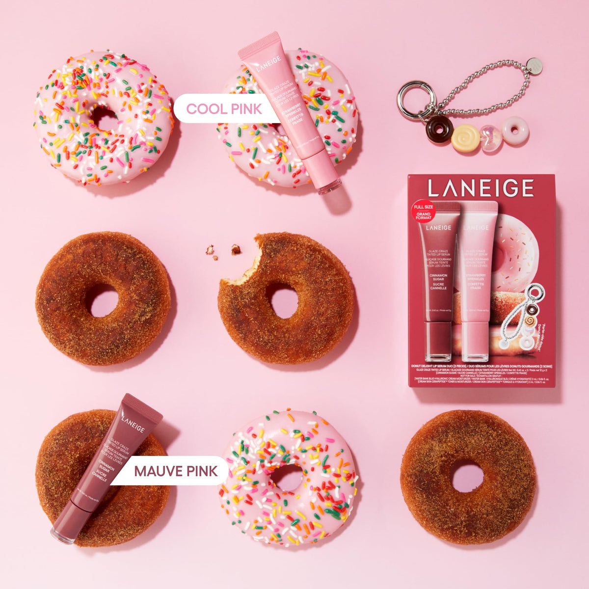 LANEIGE Strawberry Sprinkles lip serum front view showing cool pink glossy finish