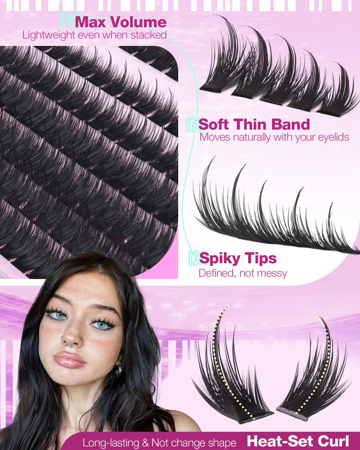 LANFLOWER bottom lash clusters laid on hand for scale and completing doll-like finish