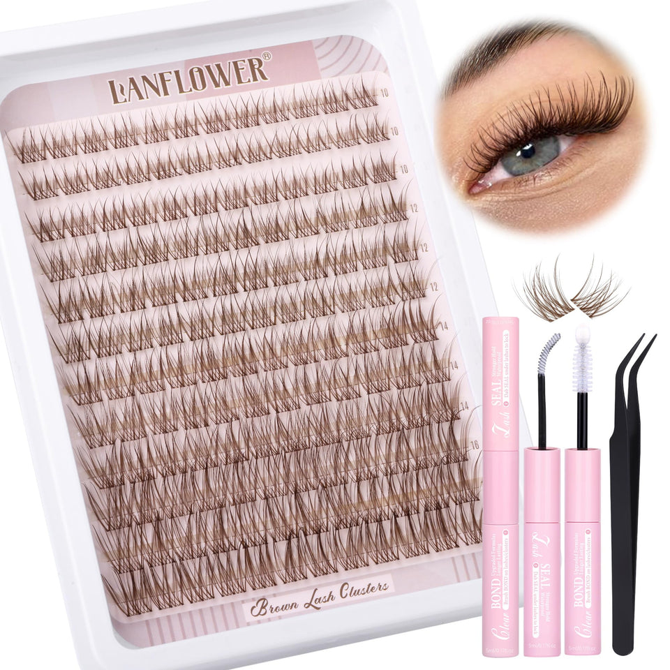 LANFLOWER front packaging showing brown lash clusters and clear bond, promotes natural look