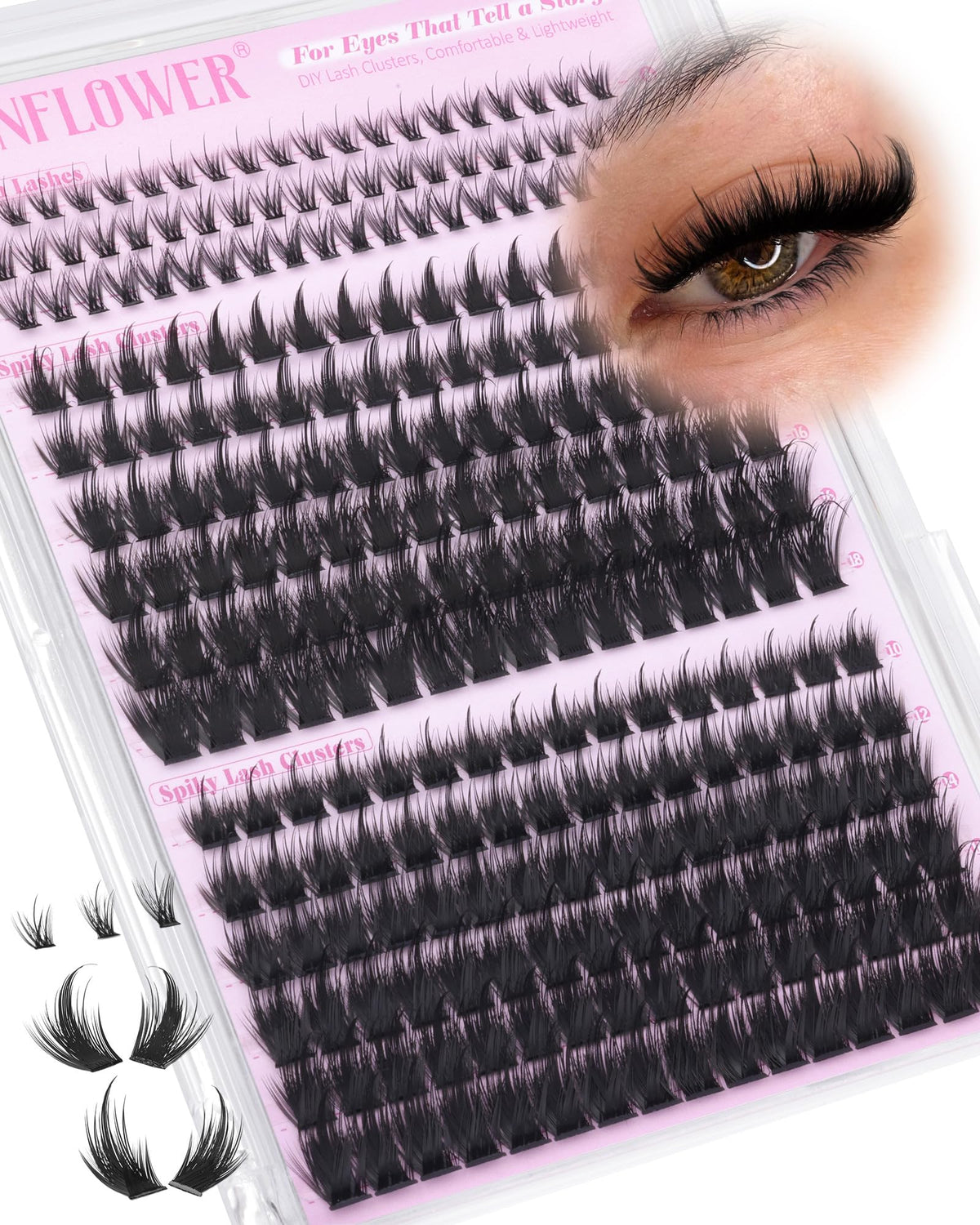 LANFLOWER front packaging showing manga lash clusters and included bottom lashes, clear contents benefit